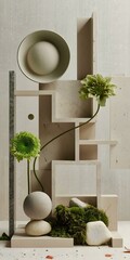 Wall Mural - Abstract Still Life with Green Flowers and Stone