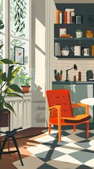 Sticker - Modern Home Interior Design with Red Chair and Plants