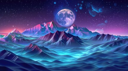 Poster - Beautiful glowing mountains and moon design. Wallpaper.