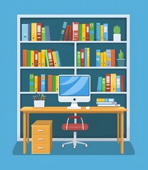 Canvas Print - Office Workplace Interior Design With Bookshelf Desk And Computer