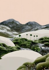 Poster - Abstract Green Mossy Landscape With Mountains In Background