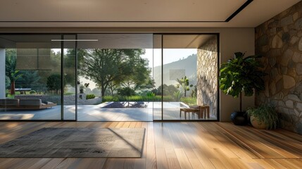 Poster - Beautiful Home entrance with large glass sliding doors, generative AI
