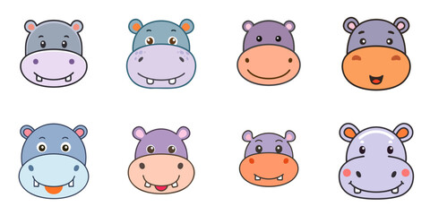 Wall Mural - Illustration of multiple cute hippo face characters, black outline