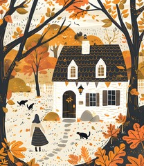 Canvas Print - Autumn Cottage Illustration with Girl and Black Cats