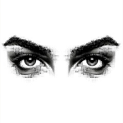 Poster - pair of eyes with expressive eyebrows in halftone gradient made of dots, isolated on clear white background
