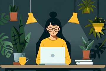 Sticker - Woman Working on Laptop in Home Office with Plants