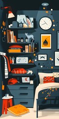 Sticker - Modern Illustration of a Cozy Room Interior with a Bed and Shelves