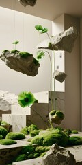 Wall Mural - Abstract Floating Rock with Moss and Green Flowers