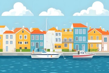 Sticker - Colorful Houses and Boats on a Sunny Day by the Sea