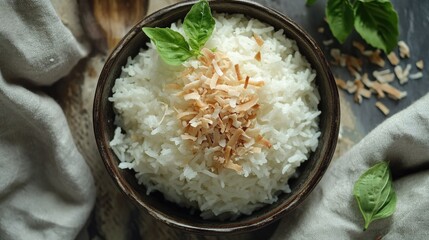 Canvas Print - Top view of a serving of Thai coconut rice with shredded coconut garnish