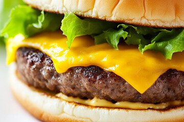 Cheeseburger close-up. Juicy patty, dripping cheese, bun and lettuce