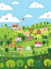 Canvas Print - Cute Cartoon Illustration of a Village with Houses and Trees