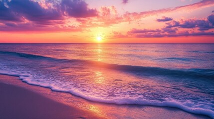 Vibrant sunset over a calm ocean, with waves gently lapping against the sandy shore