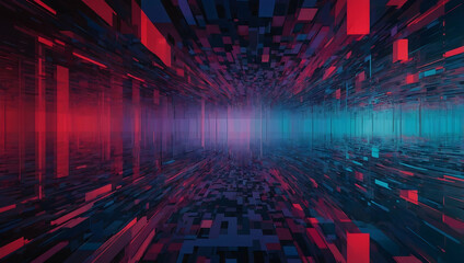 Poster - Neon Data Stream: A mesmerizing fusion of red and blue hues illuminate a digital labyrinth, where vertical lines of light dance through a shadowy matrix
