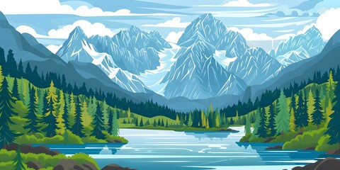 Wall Mural - Mountain Lake Landscape Illustration