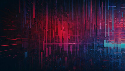 Poster - Neon Data Stream: A mesmerizing fusion of red and blue hues illuminate a digital labyrinth, where vertical lines of light dance through a shadowy matrix