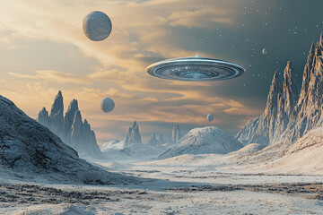 an extraterrestrial ufo hovers over a desolate alien landscape, showcasing otherworldly beauty and c