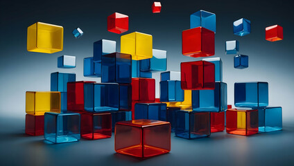 Poster - Abstract Floating Cubes: A mesmerizing display of vibrant red, yellow, and blue cubes dance in a three-dimensional space, creating a dynamic and abstract composition.  