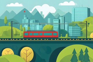 Red Train Passing Through Cityscape with Mountain Background