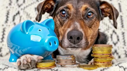 Wall Mural - dog holding a blue piggy bank and a stack of coins