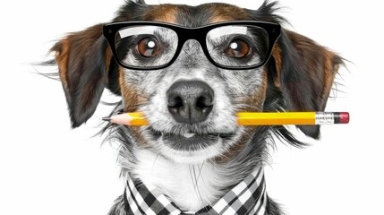 Wall Mural - dog with pencil  in mouth wearing nerd glasses for work