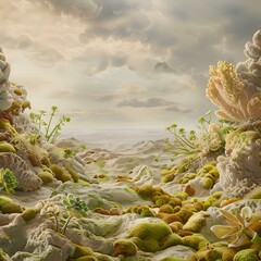 Poster - Surreal Landscape with Green Moss and Flowers