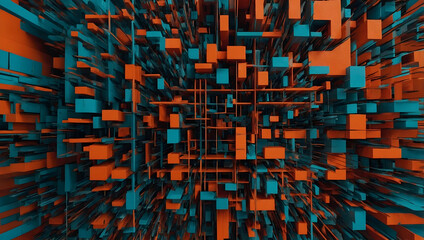 Poster - Cyberpunk Cityscape: A mesmerizing 3D rendered illustration of an intricate, abstract cityscape in vibrant teal and orange hues. Perfect for tech, gaming, or music backgrounds. 