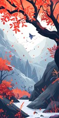 Wall Mural - Autumn Landscape with Red Leaves and Mountains