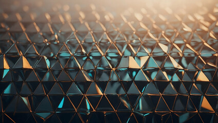 Poster - Abstract Geometric Pattern:  A mesmerizing abstract pattern of golden and blue triangles creates a captivating visual experience, with a dynamic interplay of light and shadow, evoking a sense of depth