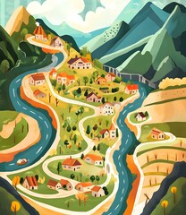 Canvas Print - Mountain Village Landscape with Winding River and Houses