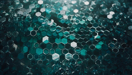 Poster - Hexagonal Harmony: An abstract close-up of shimmering teal and silver hexagons, evoking modern technology, futuristic design, and interconnected systems. 