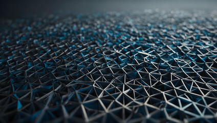 Poster - Abstract Geometric Hexagon Grid: A mesmerizing abstract background with a close-up view of a metallic hexagonal grid, shimmering in a cool blue and gray color scheme. 