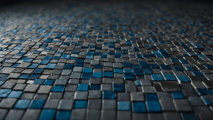 Poster - Azure Mosaic Waves: A mesmerizing pattern of blue and gray triangular tiles forms a dynamic, wave-like texture. 