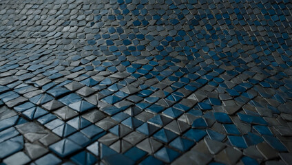 Poster - Azure Mosaic Waves: A mesmerizing pattern of blue and gray triangular tiles forms a dynamic, wave-like texture. 