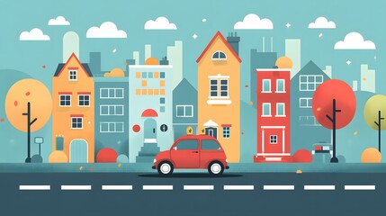 Sticker - Red Car Driving Through Autumn Cityscape Illustration