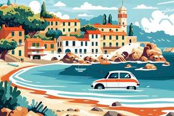 Sticker - Coastal Village Illustration with Car and Seagulls