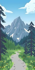 Wall Mural - Winding Path Through Green Forest And Mountains Landscape Illustration