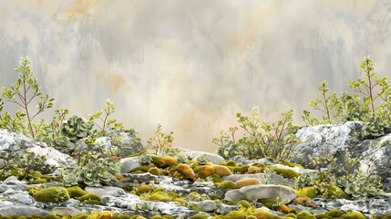 Wall Mural - Green Plants and Moss on Rocks with a Soft Background