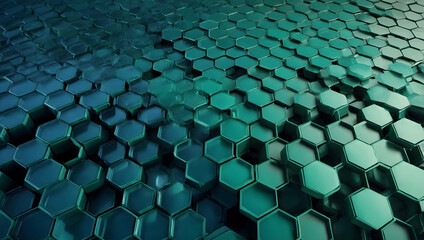 Poster - Emerald Hexagon Array: A mesmerizing expanse of shimmering emerald green hexagons, forming a dynamic and futuristic technological pattern. 