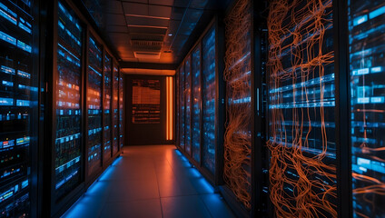 Poster - Digital Brain Hub: A futuristic server room pulsates with vibrant orange and blue data streams, representing the power of modern technology. 