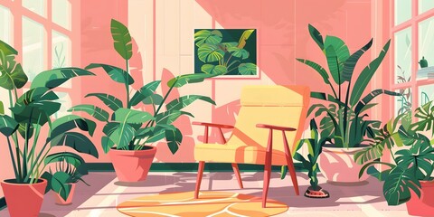 Wall Mural - Tropical Indoor Plants and Chair Illustration