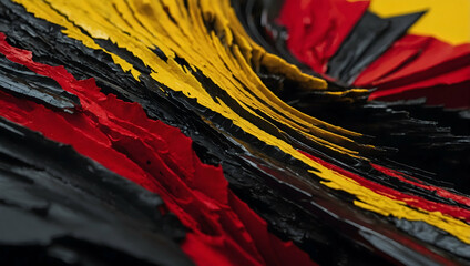 Poster - Chromatic Fury: A symphony of red, yellow, and black paint in a vibrant, textured abstract expression. 