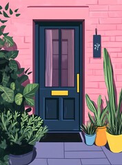 Sticker - Pink Brick House with Blue Door and Plants