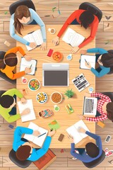 Sticker - Group of People Working at a Table with Snacks and Drinks