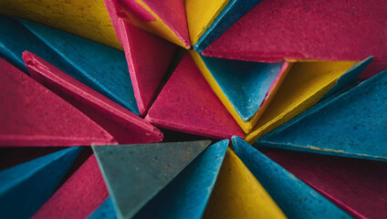 Poster - Kaleidoscope of Triangles: A vibrant abstract composition of blue, yellow, and red triangles, creating a dynamic and visually engaging pattern.  