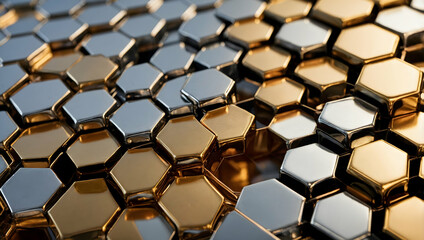 Poster - Golden Hexagon Abstract: A mesmerizing, close-up abstract image of a chrome and gold geometric pattern. The repeating hexagons shimmer under a soft light, creating a captivating and textured backgroun