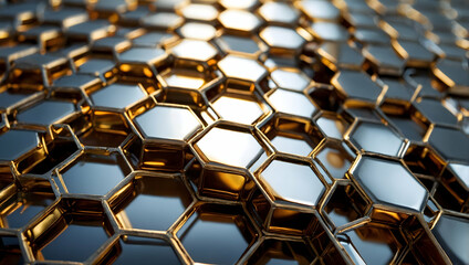 Poster - Golden Hexagon Abstract: A mesmerizing, close-up abstract image of a chrome and gold geometric pattern. The repeating hexagons shimmer under a soft light, creating a captivating and textured backgroun
