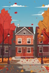 Poster - Autumn Leaves Fall on Street in Front of Brick Houses