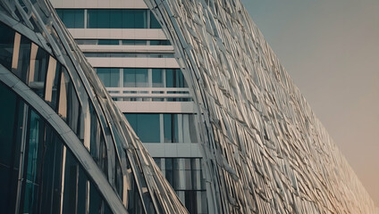 Poster - Urban Curves: Modern architecture meets textured stone facade in a captivating urban landscape. 