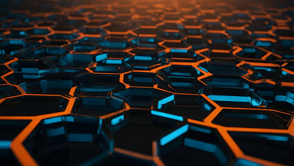 Poster - Abstract Hexagon Pattern with Glowing Edges: A mesmerizing background of vibrant geometric shapes, showcasing a captivating pattern of black hexagons with glowing orange and blue edges